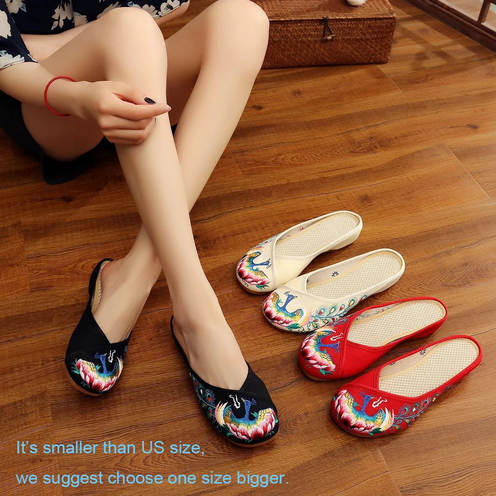 TIMETANG/женские туфли без задника на плоской подошве с вышивкой павлина; Летняя обувь с круглым носком; Женская Повседневная Удобная обувь с вышивкой; E175