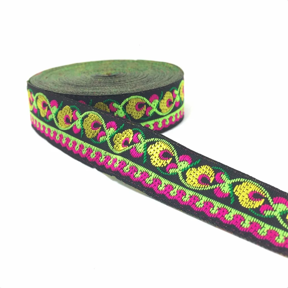 

ZERZEEMOOY 3/4" 20mm 7Yard/lots Polyester Woven Jacquard Ribbon black background green and rose flowers MZZD17062205