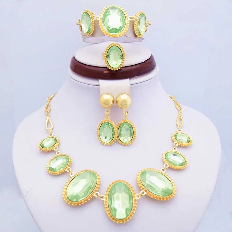 Good Quality Luxury Big Green Rhinestone Women Costume Jewelry Sets