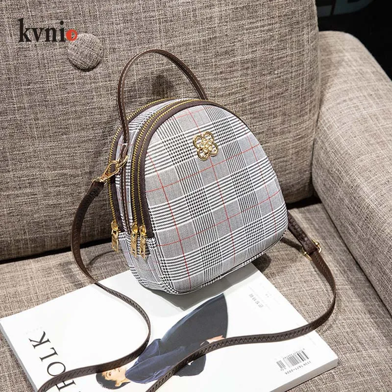 

KVNIO Luxury Shoulder Bag Women Canvas Multifunction Mini Handbags Designer Fashion Vintage 3 Zipper Plaid Crossbody Bags 2019