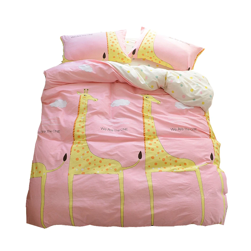 100% Cotton Pink Cartoon Bedding-Set Yellow Giraffe Sweetly Duvet Cover Multicolor Dots Print Sheets Queen Size Bedding Set | Дом и сад