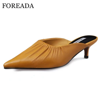 

FOREADA Spring Slippers Women Mules Shoes Natural Genuine Leather Stiletto Heel Slippers Sheepskin Pointed Toe Shoes Lady Red 40