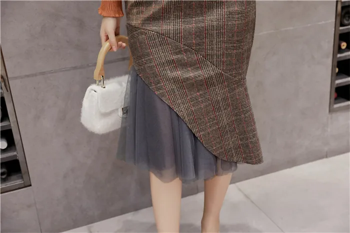 Осень 2018 г. для женщин модная юбка шифон оборками Русалка шерстяная юбка высокая талия тонкий карандаш миди зимняя Jupe Faldas