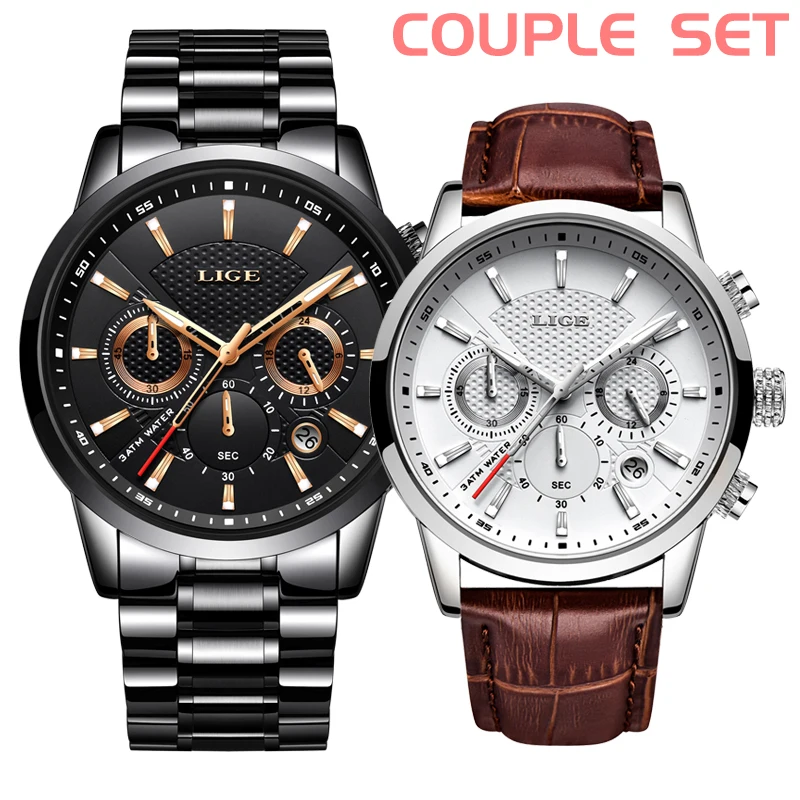 

2019 Fashion Couple Set Watch LIGE Mens Watches Top Brand Luxury Women's Dresses Vintage Watch Men Casual Leather Wristwatch+Box
