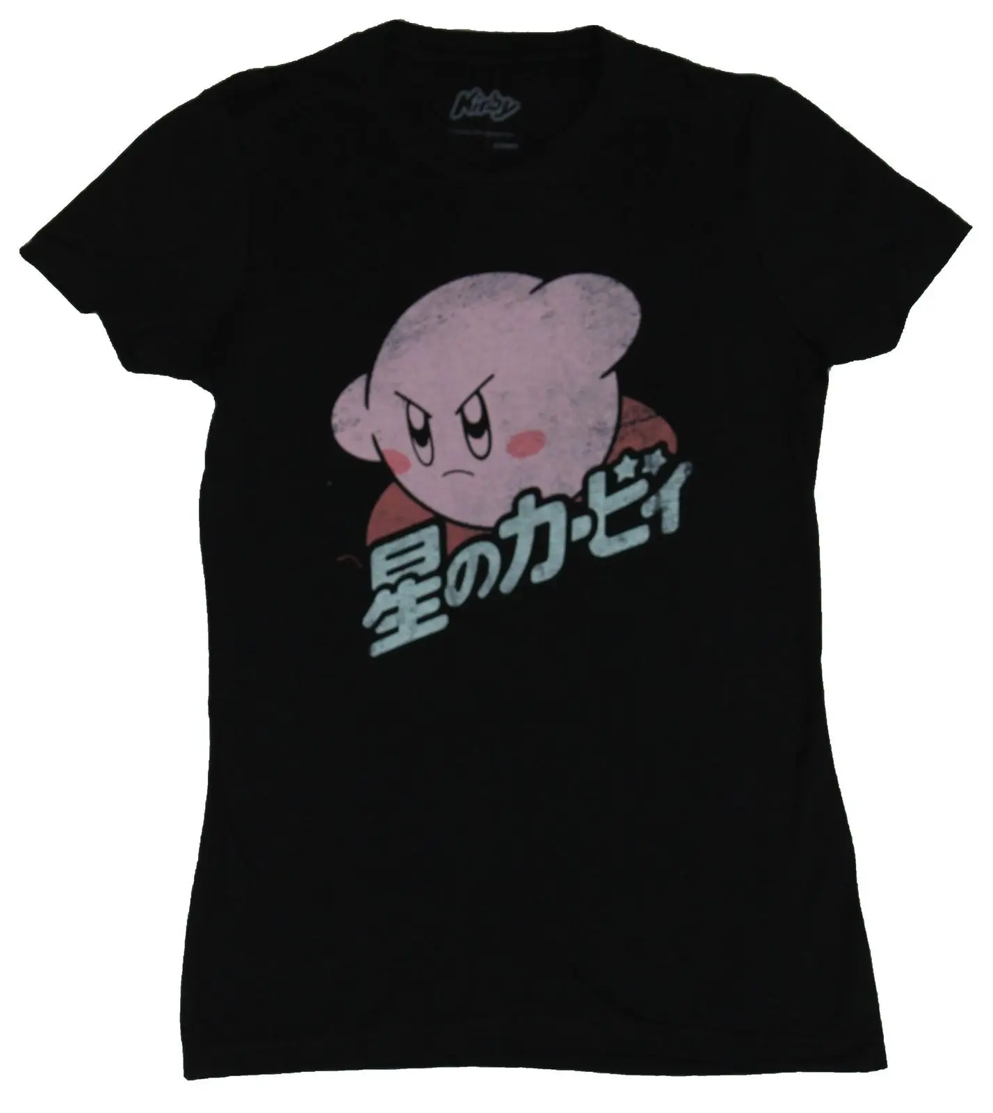 

Kirby (Nintendo) Girls Juniors T-Shirt - Mean Faced Kirby Over Japanese Logo Cartoon t shirt men Unisex New Fashion tshirt
