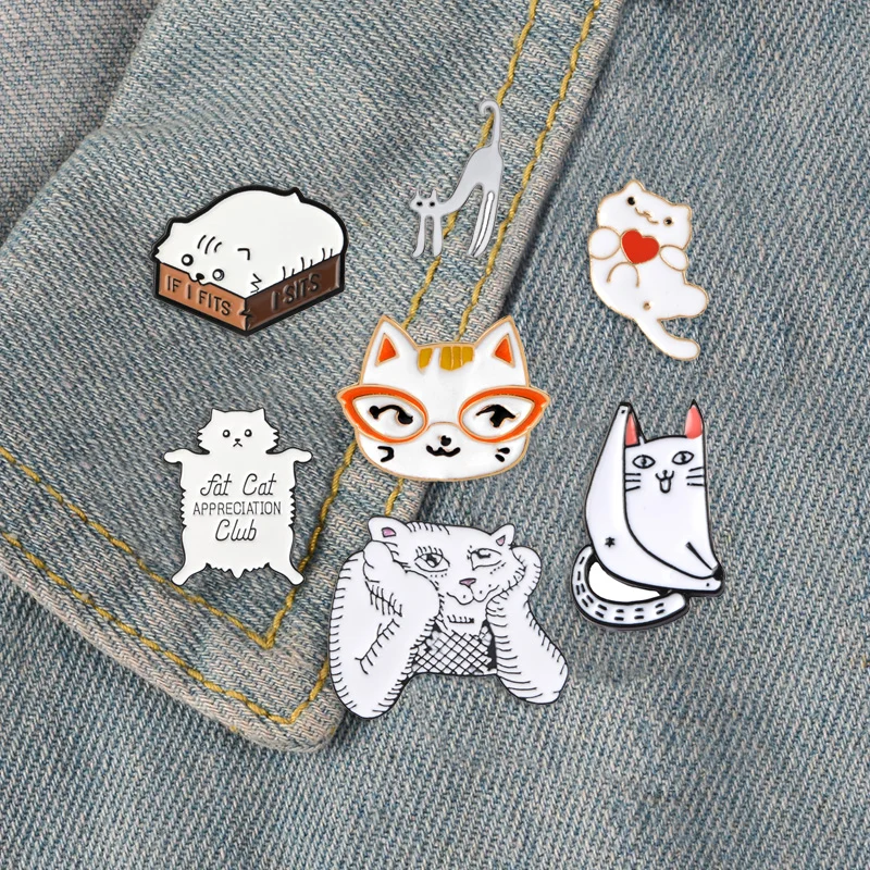 Various cat series Denim Enamel pins Fat Lazy Cute Badges Brooches Fashion Friends Gifts for Pet lovers Jewelry wholesale