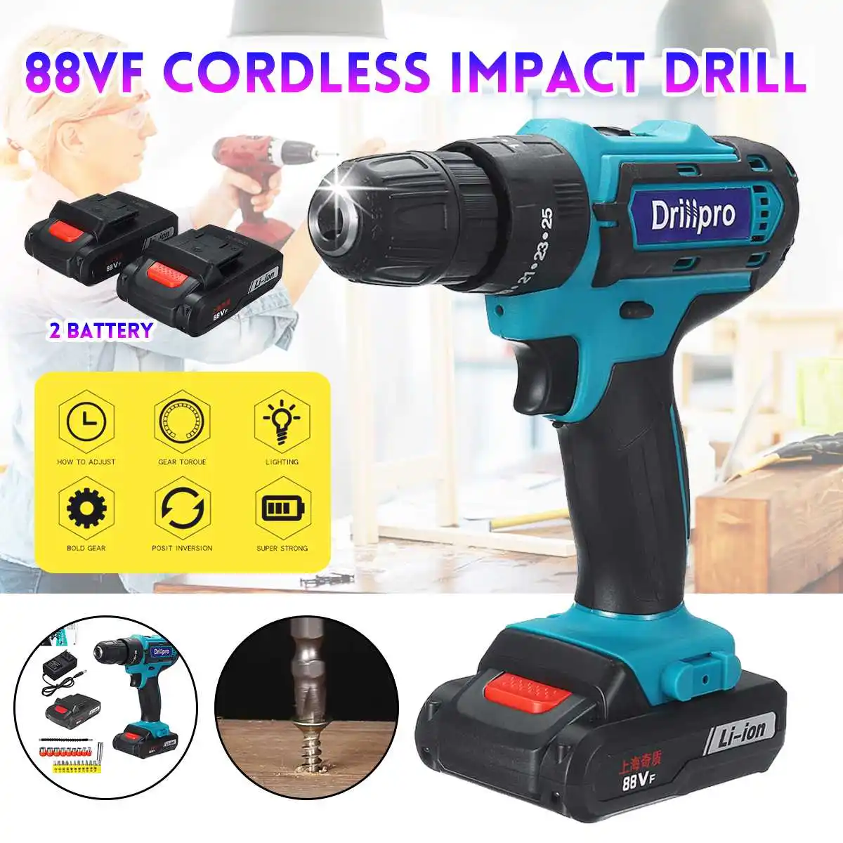 

New 88VF Impact Cordless Drill Rechargeable Electric Screwdriver Impact Drill 2pcs Lithium Battery 25+3 Torque Power Drill Tools