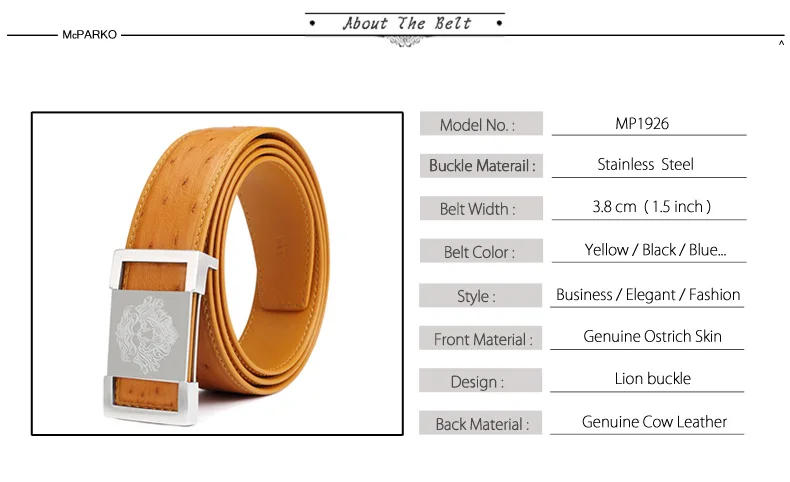 McParko благородный страусиный кожаный ремень мужские ремни из натуральной кожи металлическая пряжка со львом дизайн животный кожаный пояс желтый синий