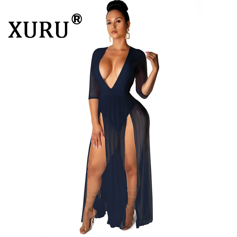 XURU Hot Fashion New Women's Dress Sexy Deep V-neck Mesh Dress Half-sleeve Open Leg Dress XURU Hot Fashion New Women's Dress Sexy Deep V-neck Mesh Dress Half-sleeve Open Leg Dress