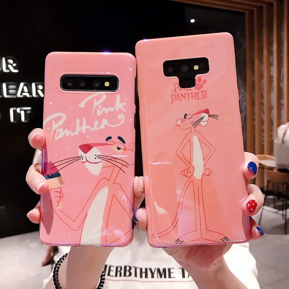 

Cute Panther Cartoon Phone Lanyard Pink Cases for Samsung Galaxy S10 Plus S9 S8 plus note 9 8 Soft Silicone Blu-Ray Cover Case