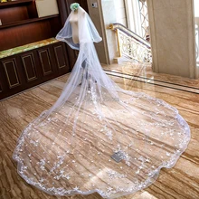 Потрясающая двухслойная роскошная кружевная свадебная вуаль со звездами цветы 4 м Длинная свадебная Фата с расческой AX2019