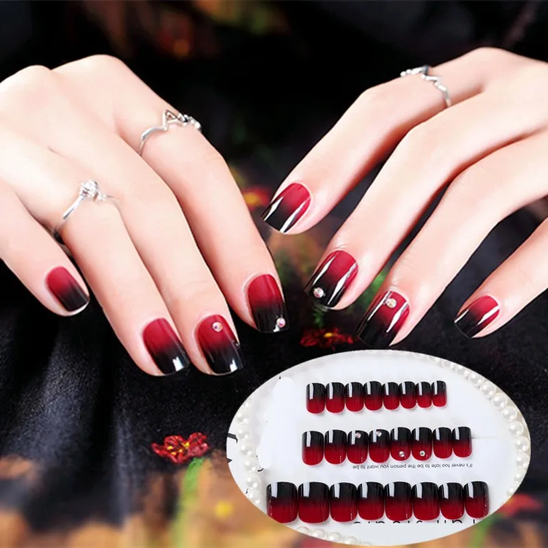 

24pcs/Set Black Red Gradient False Nails Square Head Full Cover Short Nail Art Tips with Glue Artificial Fake Nails Rhinestones