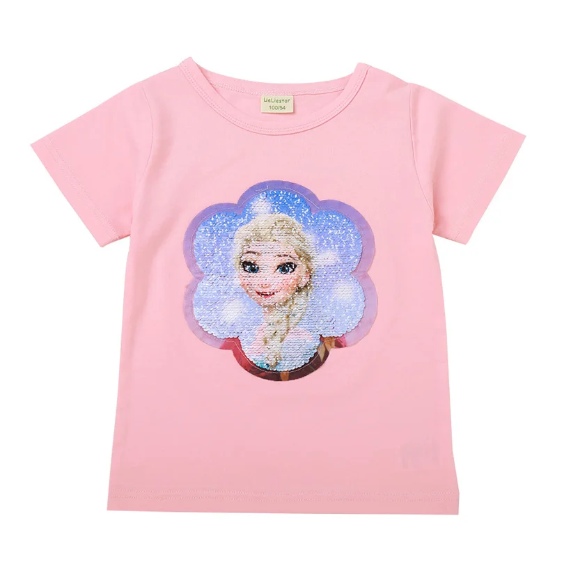 

Change Face Color Magic Discoloration Snow Queen Elsa Anna Girls T-shirts Sequin Paillettes Tops Tee T Shirt for Girl Gifts 2-8Y