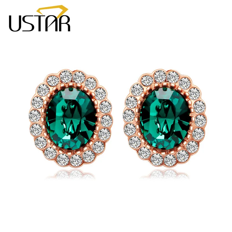 

USTAR Vintage Oval green Zirconia Crystal Stud Earrings for women Gold color fashon jewelry Earrings female wedding Party gift