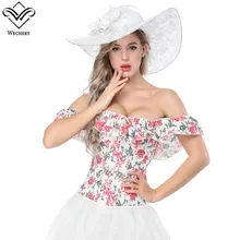 

Wechery Off Shoulder Corset for Women Sexy Floral Clothing Corselet Tops Womens Ruffles White and Red Lace Up Corsets Bustier