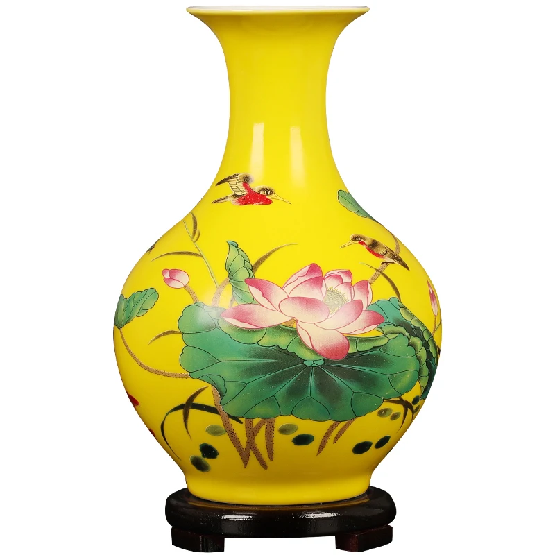 Antique Jingdezhen Yellow Lotus Pond Ceramic Vase Desk Accessories