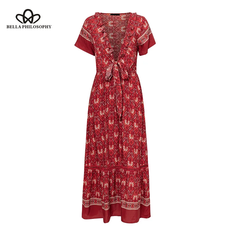 Wonder 2019 new spring Sexy v neck ruffle long women dress ethnic beach holiday Boho floral bow tie short sleeve maxi dresses