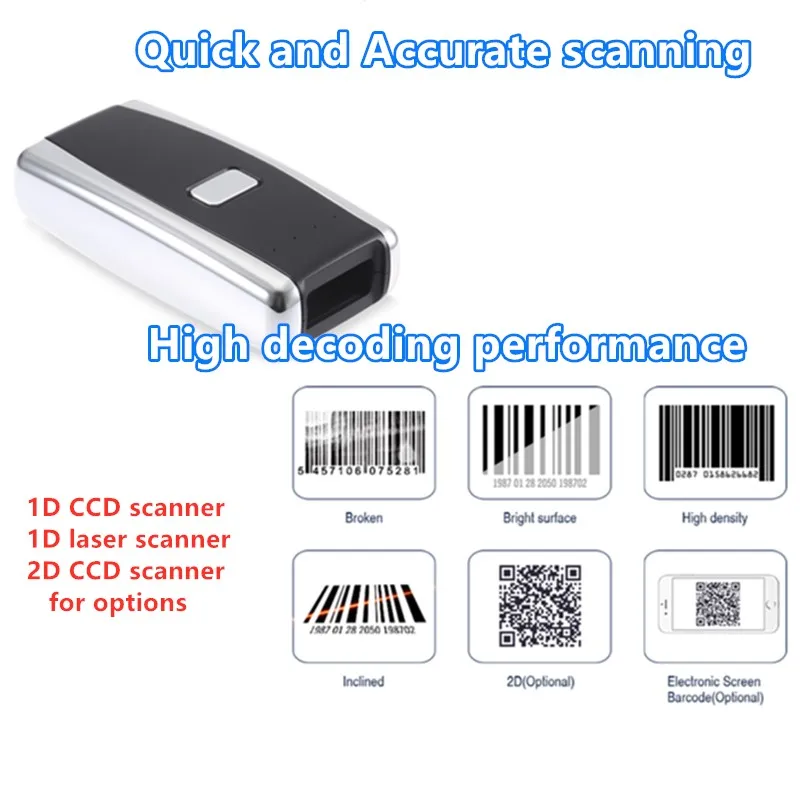 Portable Pocket Wireless Barcode scanner 1D 2D CCD Laser QR code reader mini Bluetooth for Android 