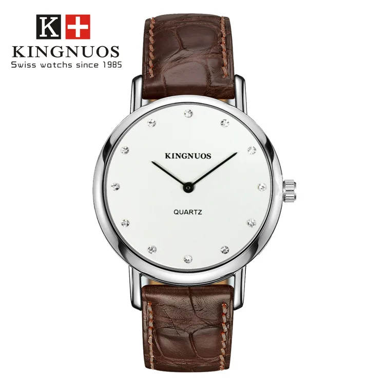 

Genuine KINGNUOS Brand Fashion Casual Mens Wristwatch Simple Diamond Watch Leather Strap Quartz Male Business Watches Relogio