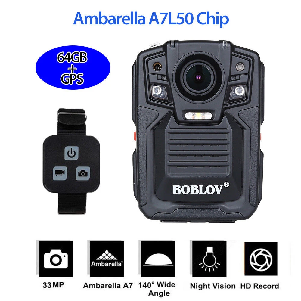 

BOBLOV HD66-02 HD 1296P Video Camera Wearable Police Security Camcorder Ambarella A7 Remote Control 64GB Police Body Camera GPS