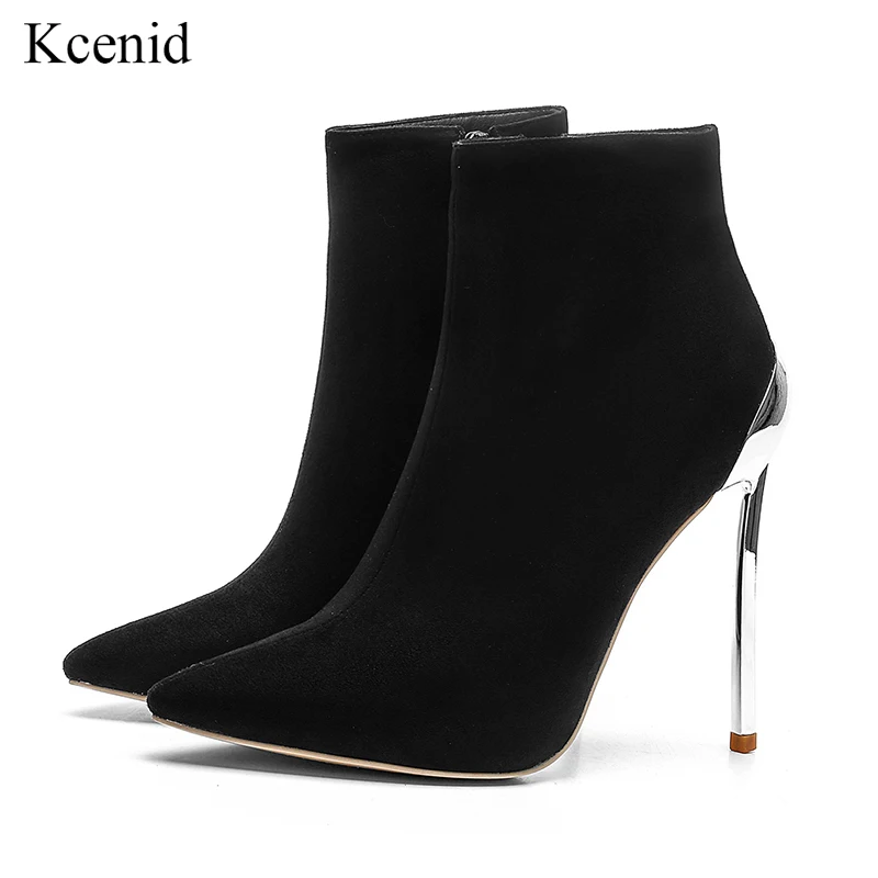 

Kcenid 2018 Black newest fashion pointed toe women ankle boots 12cm high heels zipper boots sexy metal heels elegant shoes woman