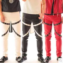 27-36 Новинка года для ночного клуба Для Мужчин's певица BIGBANG DJ Чжи-длинная стильная GD тонкий заклепки кожа Штаны брюки этап костюмы для выступлений