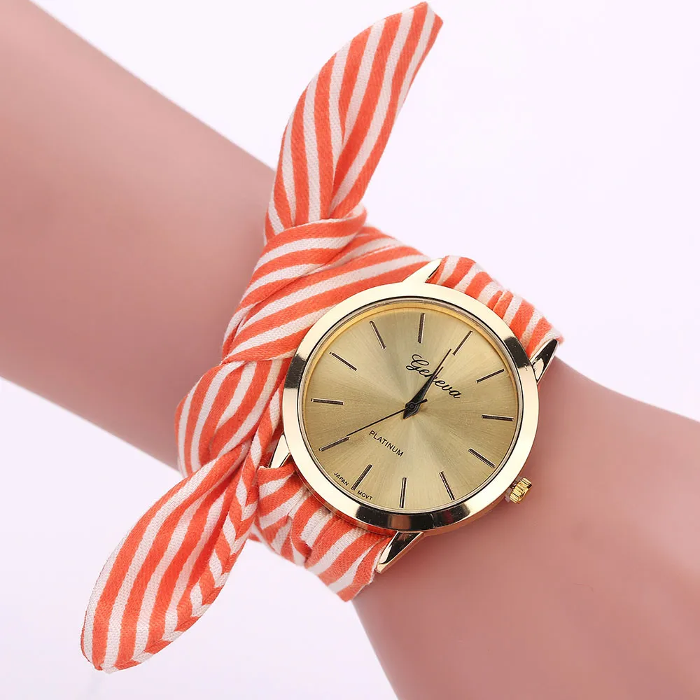 Модные женские часы с бантом дизайн в полоску цветочная ткань кварцевые наручные часы с браслетом montre bayan kol saati relogio feminino - Цвет: A