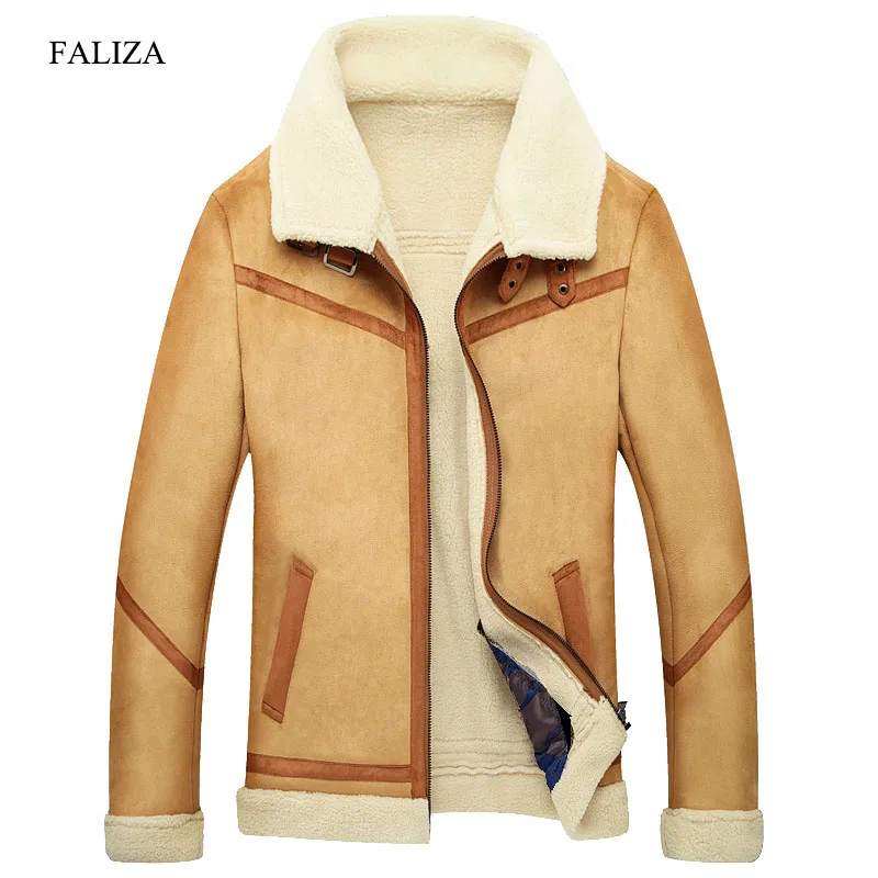 FALIZA Winter Outerwear Mens Faux Fur Coat Male Leather Jacket Fleece
