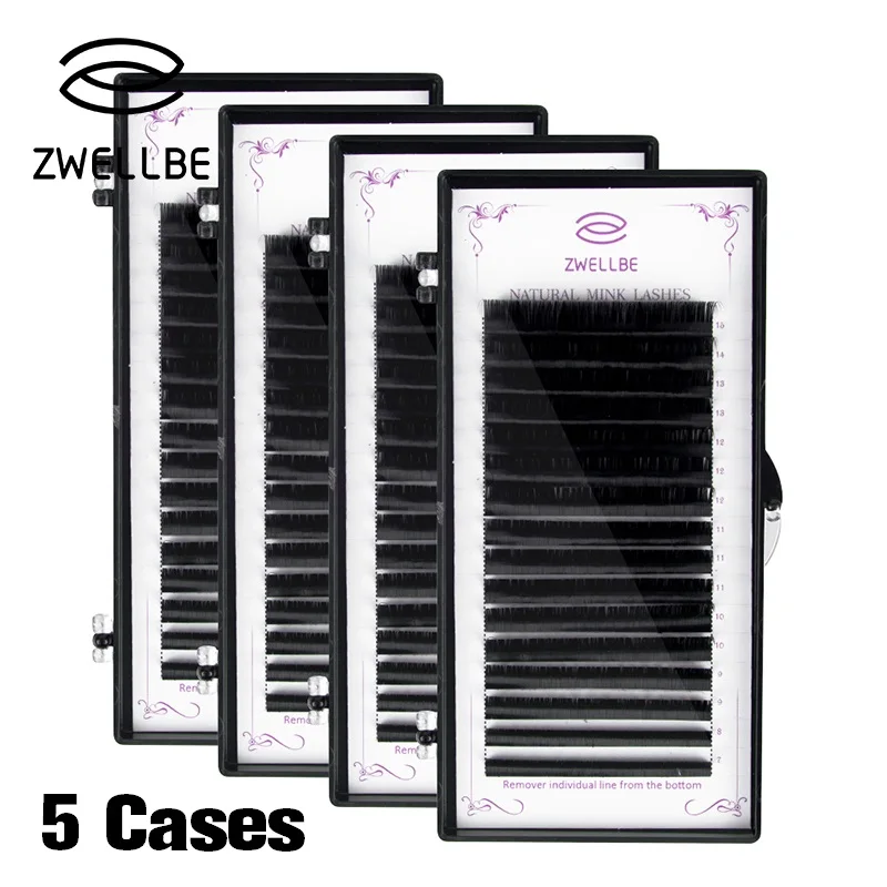 

zwellbe 5 Cases 16Rows/Case 7~15mm Mix Mink Eyelash Extensions Handmade Natural Long Makeup False Eye Lash Extension