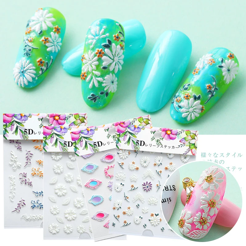 

1pc 5D Acrylic Engraved Flower Nail Sticker Embossed Flower Leaves Nail Water Decals DIY Slider Design Nail Art Decoration Tools