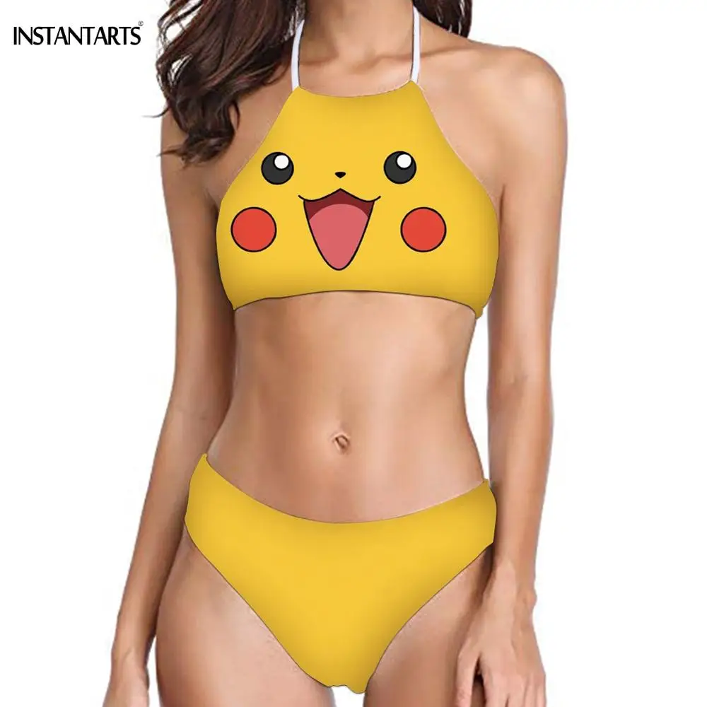 

INSTANTARTS Funny Cartoon Monster Pokemon Pikachu Anime Printed Swimming Suits Push Up Halter Bikini Set High Neck Bathing Wear