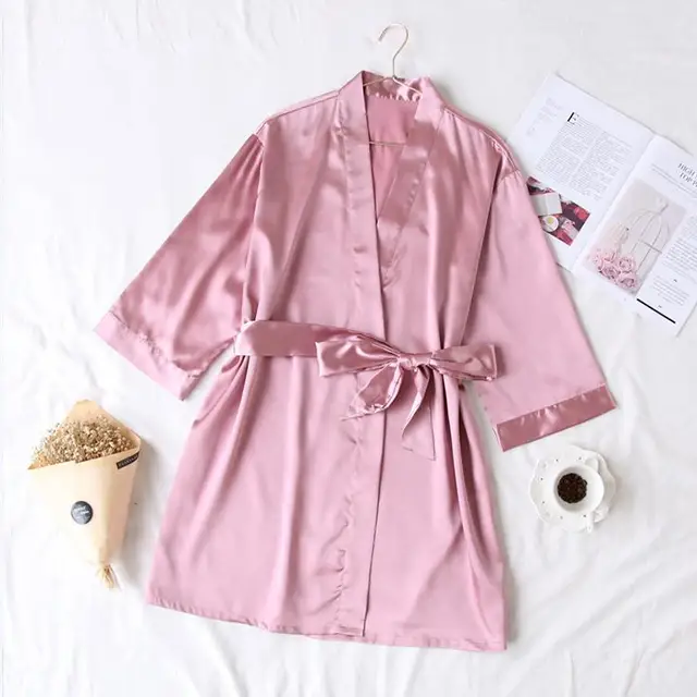 Summer Champagne Chinese Bride Wedding Robe Satin Sleepwear Women Nightgown Sexy Nightdress Lady Kimono Bathrobe Gown Negligee Robe Pink