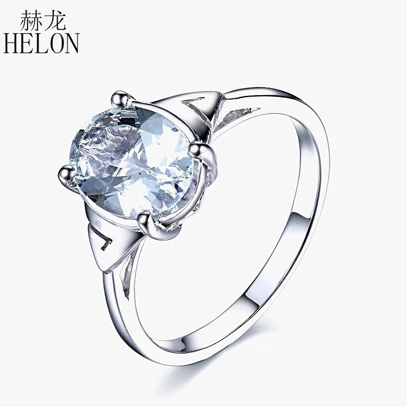 

HELON Beautiful Solid 14k White Gold 9x7mm Oval Cut Aquamarine Cluster Ring Brand New Engagement Wedding Gemstone Fine Ring