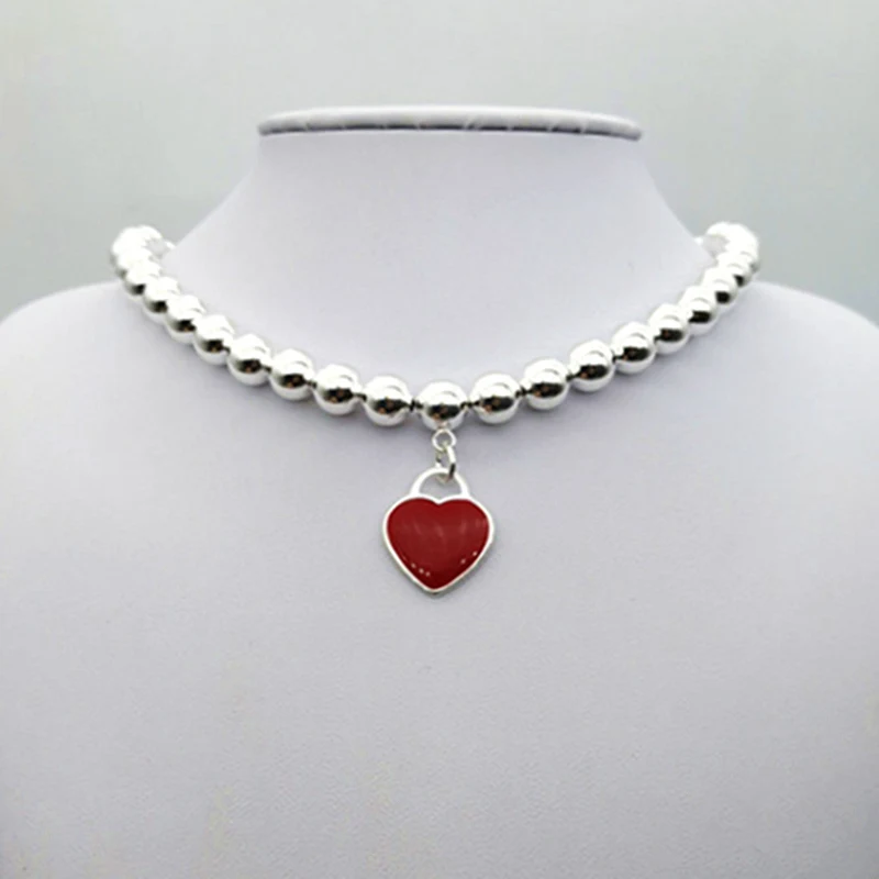 

TIFF original 100% 925 sterling silver heart-shaped red epoxy beads necklace pendant with 1:1 high quality fashion jewelry