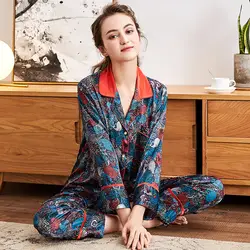 2018 осень эмуляции шелковые пижамы стес Женская Зима лед шелк с длинным рукавом рубашка два комплекта женские ночные рубашки Пижама для сна