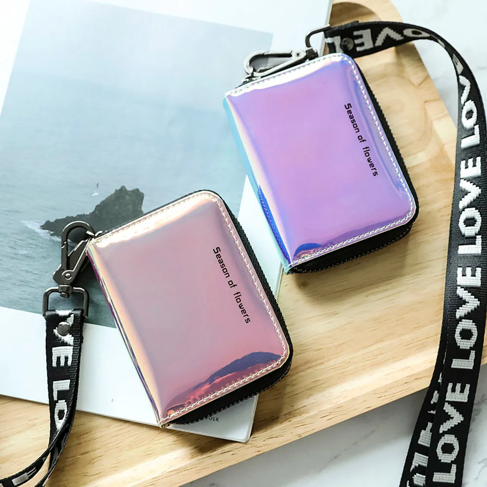 

Women Short Wallet 2018 New Fashion Standard Zipper Variable Color Purse Laser Folding Multi-function Short Wallet Billetera V