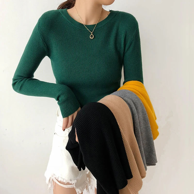 2019 New Women's Sweater Pullover Basic Rib Knitted Cotton Tops Solid O-Neck Essential Jumper Autumn Winter Long Sleeve Sweaters