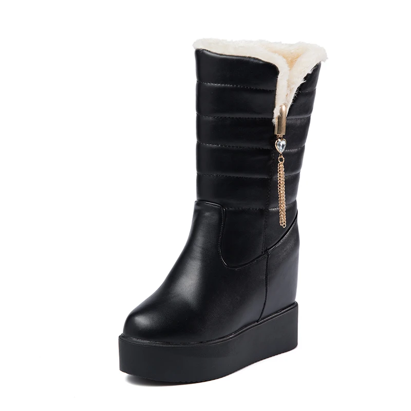 

Lucyever 2018 Autumn Winter Women Snow Boots Hidden Wedges Platform Slip on Mid Calf Boots Thick Warm Plush Inside Cotton Shoes
