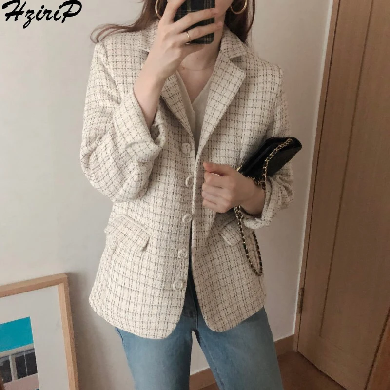 

HziriP Korean 2019 Women Blazers Single Breasted Spring Autumn Long Sleeve Uniform Style Plaid Loose Office Outwear Blazer