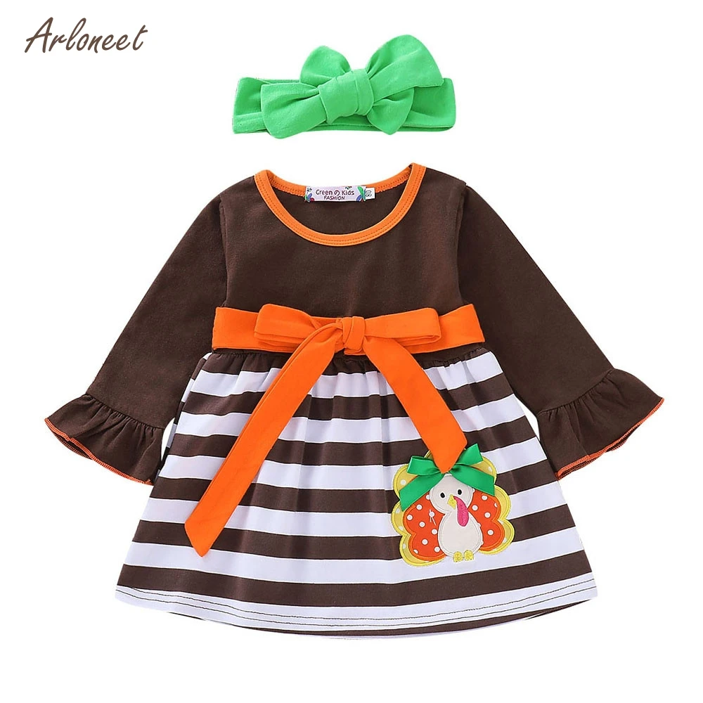 

ARLONEET newborn baby girls fashion long sleeve Thanksgiving turkey embroidered striped dress princess dres +hair band kids sets