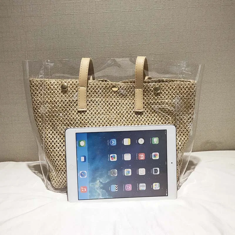 New Women Summer Transparent Handbag INS Popular Female Travel Straw Composite Bags Beach Lady Shoulder Bag Large Bolsa SS3316 (11)