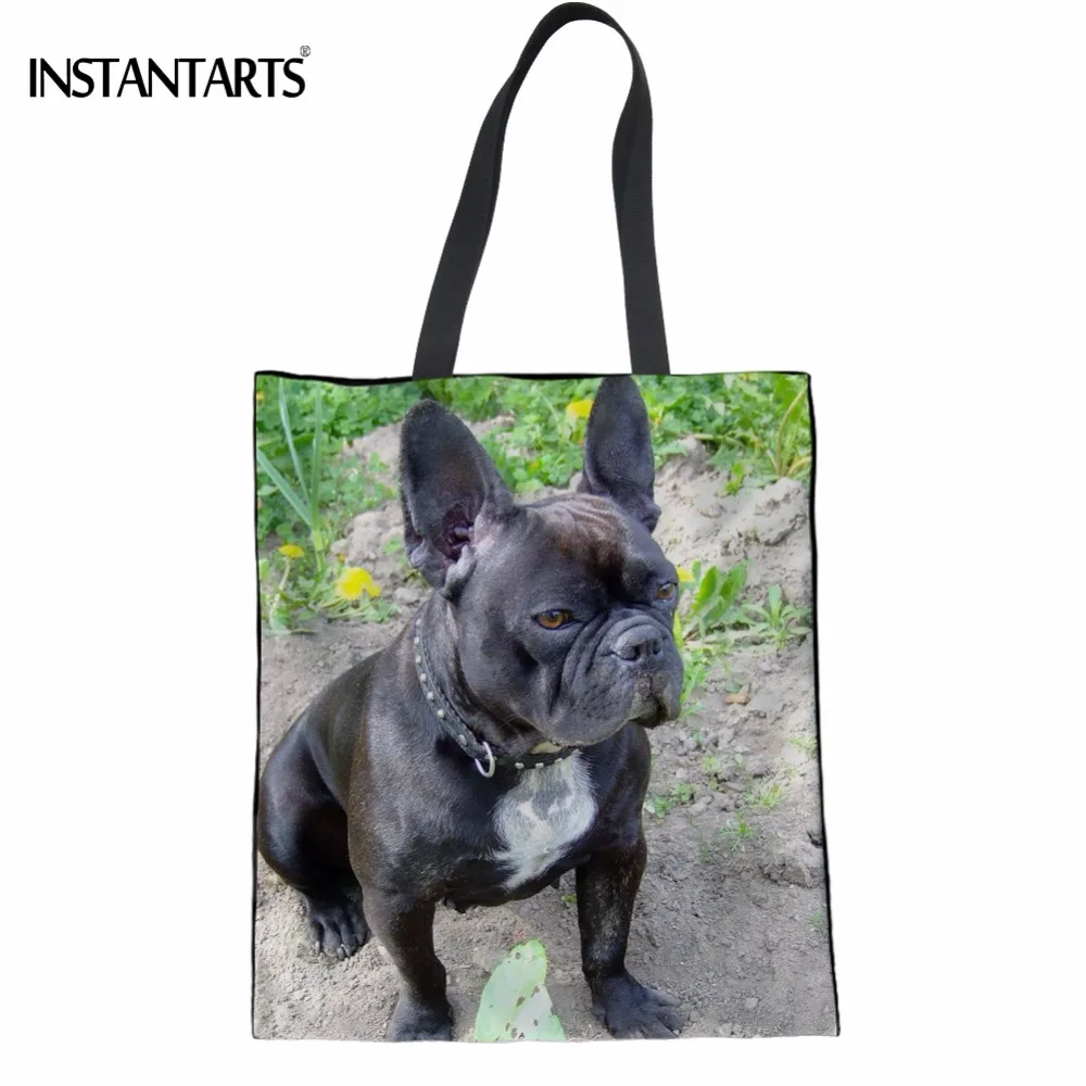 

INSTANTARTS Casual Women Shopping Linen Tote Bags Cute 3D French Bulldog Printing Teen Girls Bookbags Students Recyling Eco Bags