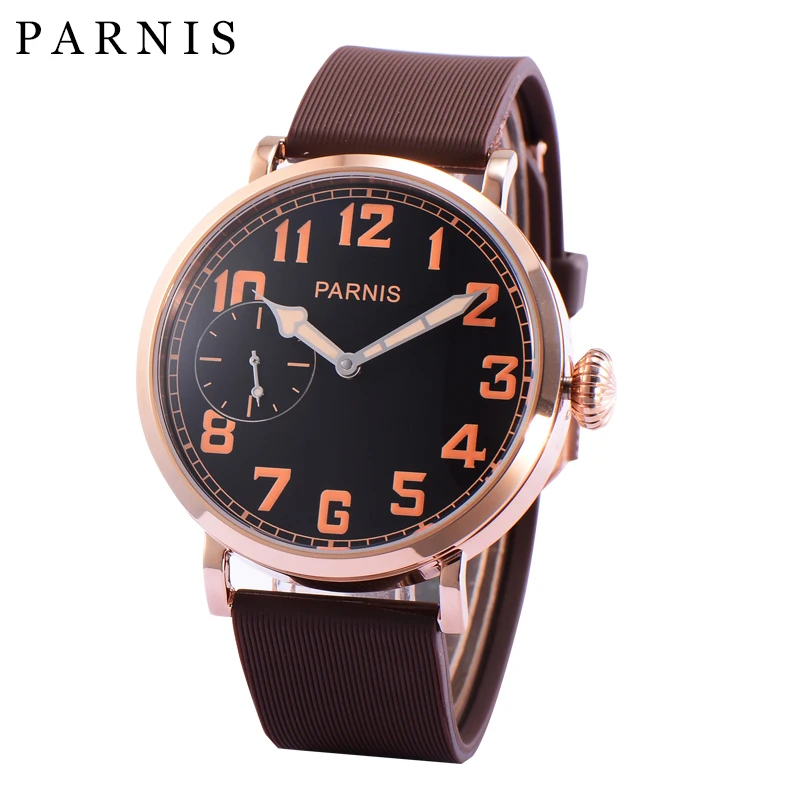 

46mm Parnis Mechanical Wristwatch Rose Gold Stainless Steel Case Black Dial Orange Numbers Hand-Winding Men's Watch