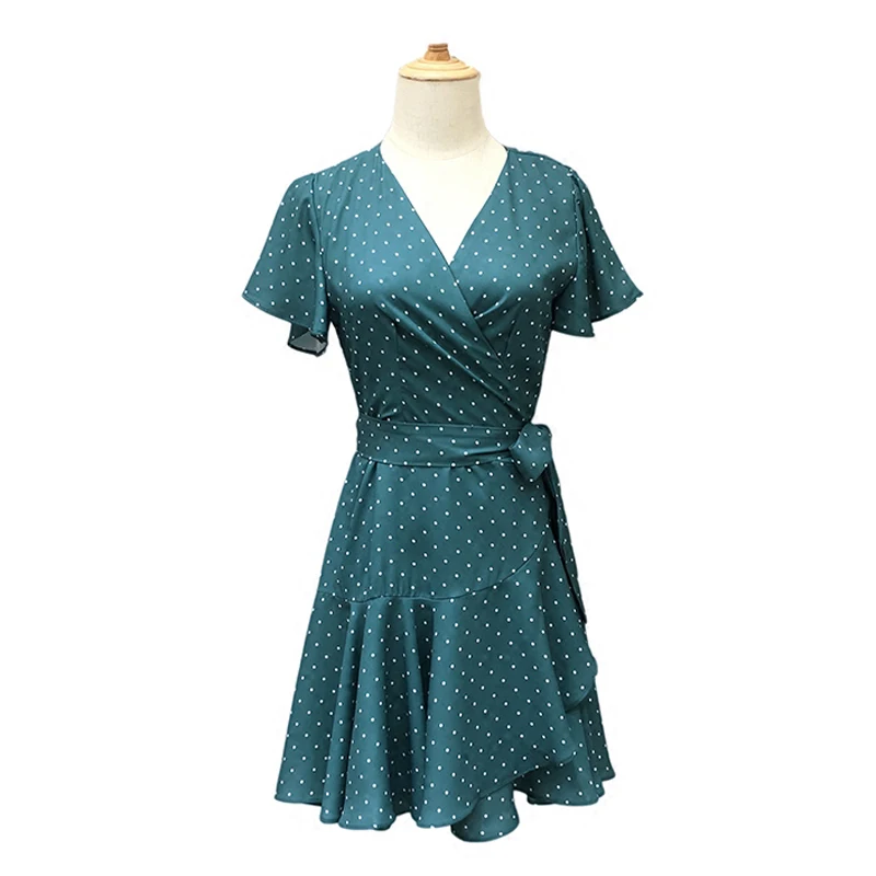 

PERHAPS U green polka dot chiffon v neck short flare sleeve sash wrap lace up ruffle split mini short dress summer D0279