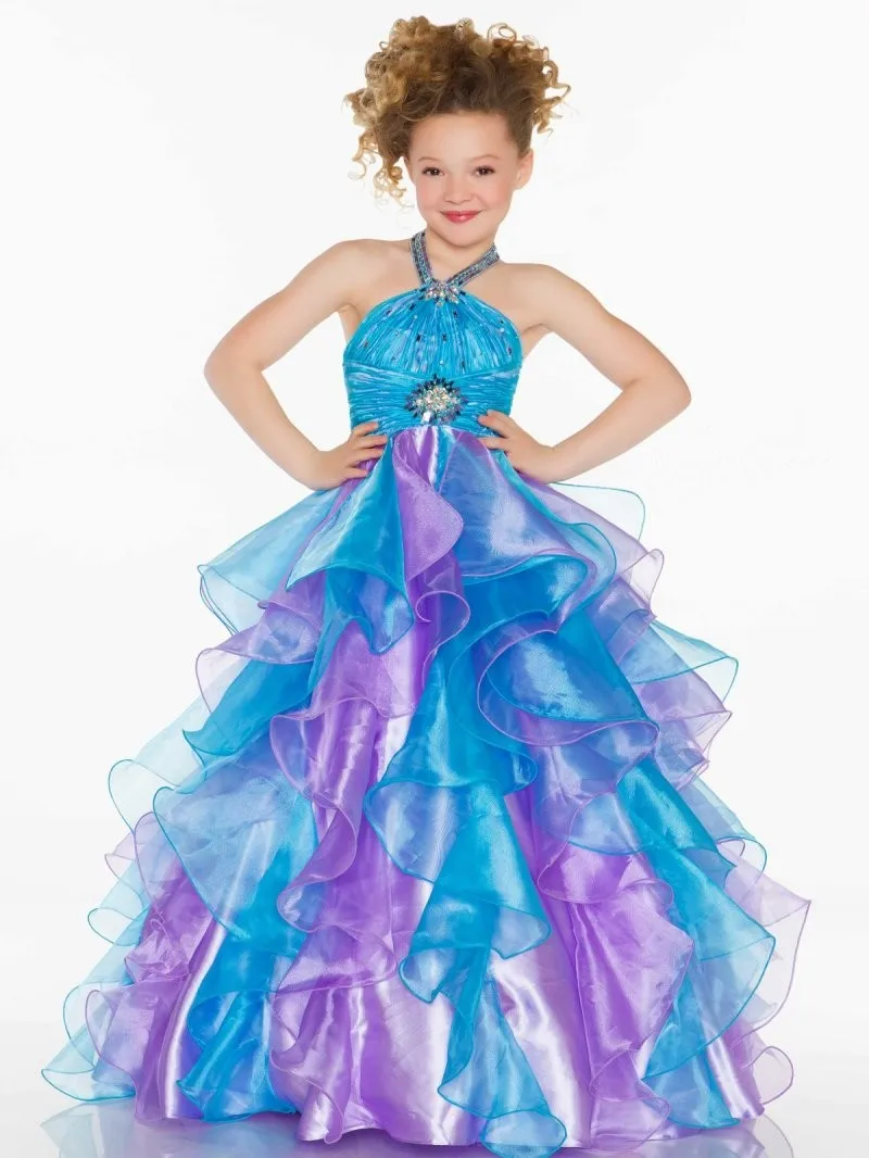Девушки Pageant Платья A-Line Холтер Синий Фиолетовый Оборками Из Органзы Бисером Детские Длинные Цветочные Платья Для Свадьбы