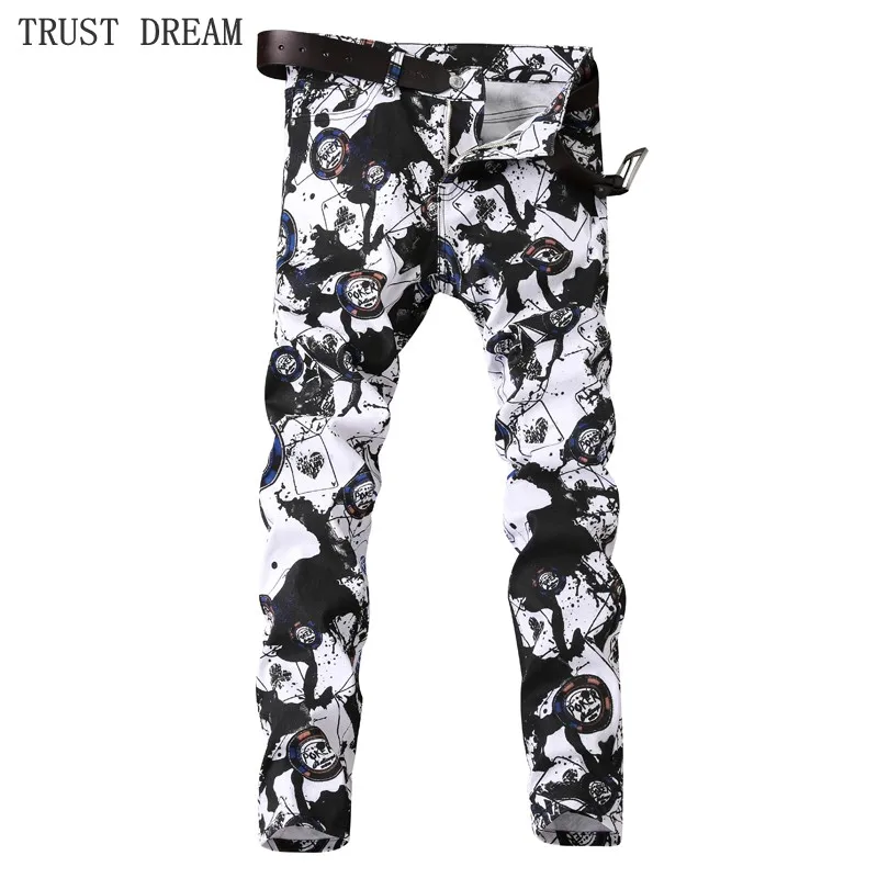 

Europeans Style Men Floral Print Slim White Jeans Colorful Blue Black Graffiti Personal Pant Man Street Club Jeans Real Photos