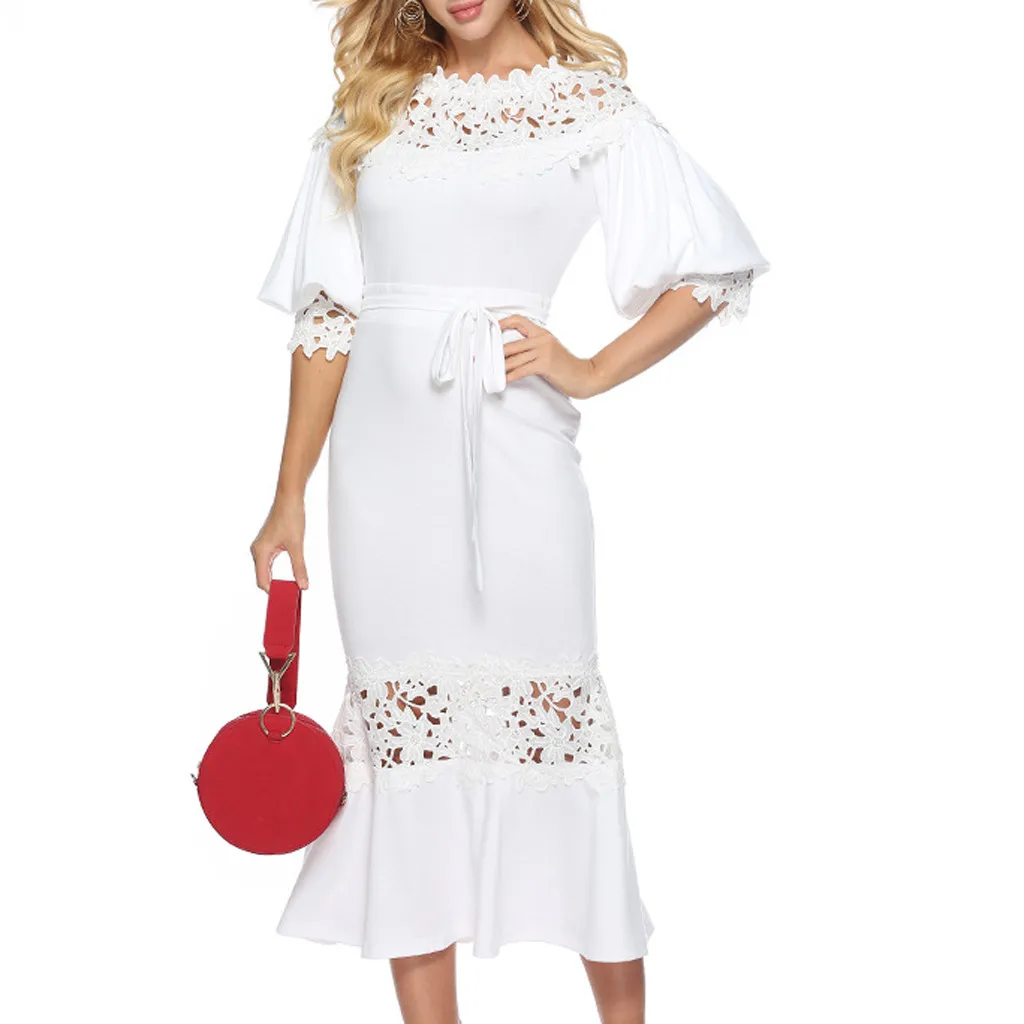 

JAYCOSIN Dress Women's Elegant Slim Slimming Stitching Hollow Tie Party Pencil Dress Ladies Solid Lace vestidos Sexy Dress 516