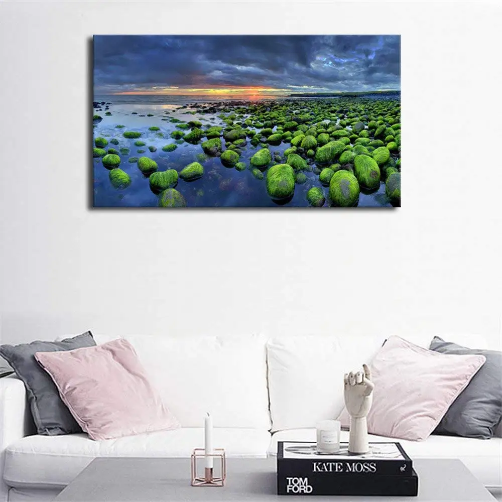 Wall Art Green Mossy Rocks Beach Sunset Scenery Iceland Sea Nature Picture Canvas Painting Print for Home Office Wall Decor Gift