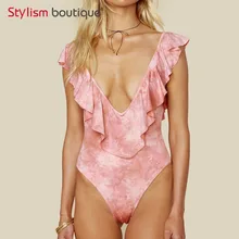 Женский слитный купальник Розовый галстук краситель печать высокий вырез купальник-трикини стринги с открытой спиной Монокини Купальники с оборками боди