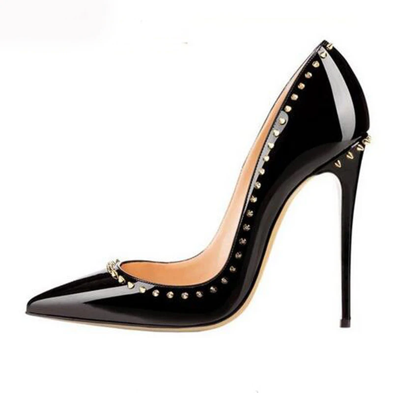 Mujer Sapato Noiva Latest Studded Black Patent Leather Pumps Ladies Stilettos 12cm Spikes Pointy Toe Wedding Shoes For Women